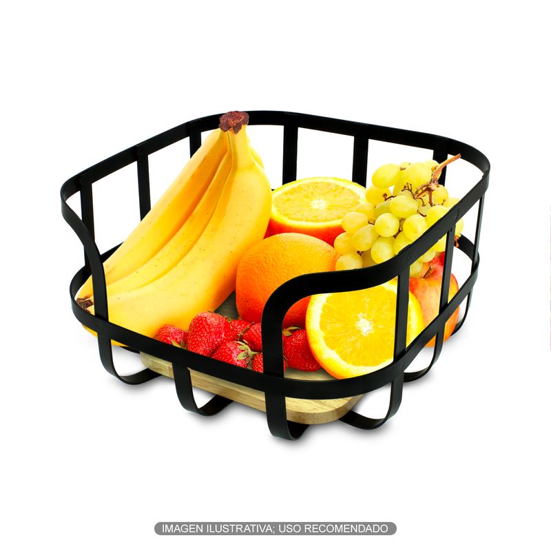 Cesto-frutero-fabricado-con-laminas-rigidas-de-acero-inoxidable-y-base-decorativa-de-madera-de-bambu.-Negro-con-amarillo-K-HOME