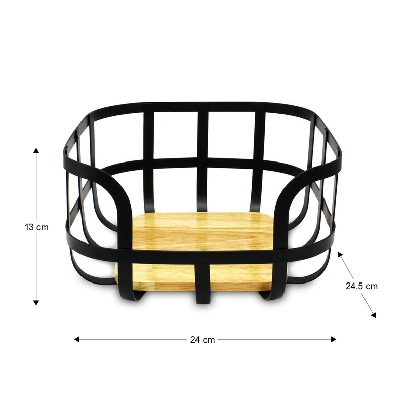 Cesto-frutero-fabricado-con-laminas-rigidas-de-acero-inoxidable-y-base-decorativa-de-madera-de-bambu.-Negro-con-amarillo-K-HOME