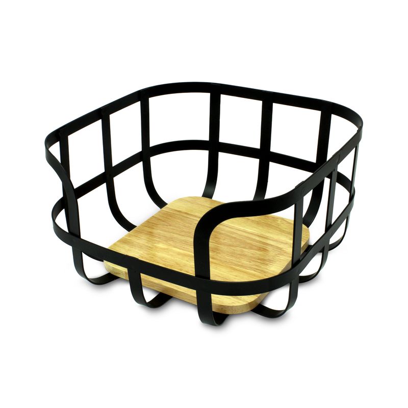 Cesto-frutero-fabricado-con-laminas-rigidas-de-acero-inoxidable-y-base-decorativa-de-madera-de-bambu.-Negro-con-amarillo-K-HOME