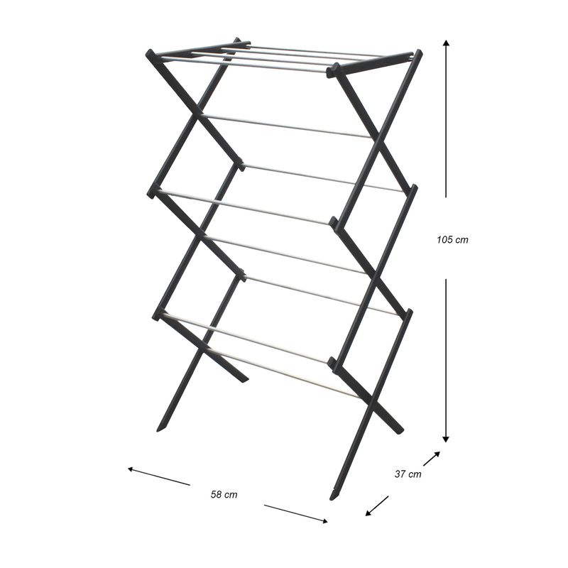 Tendedero-extensible-de-3-niveles-pequeño-con-estructura-de-acero-y-aluminio.-Ideal-para-prendas-medianas-y-pequeñas.-Negro-con-plateado-K-HOME