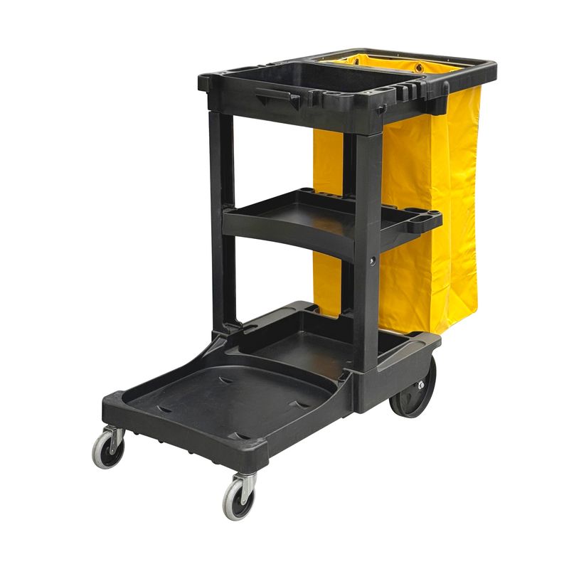 Coche-de-limpieza-de-estructura-rigida--con-bandeja-baja-multifuncion-ganchos-bolsa-de-basura-y-llantas-de-transporte.-Negro-con-amarillo-K-PRO