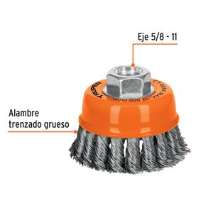 Carda copa 3" alambre trenzado grueso, eje 5/8"-11 - TRUPER
