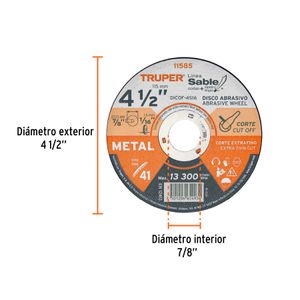 Disco Tipo 41 de 4-1/2" x 1.6 mm corte fino de metal, Sable - TRUPER