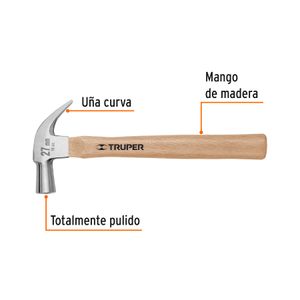 Martillo cabeza cónica 27 mm uña curva, mango madera - TRUPER
