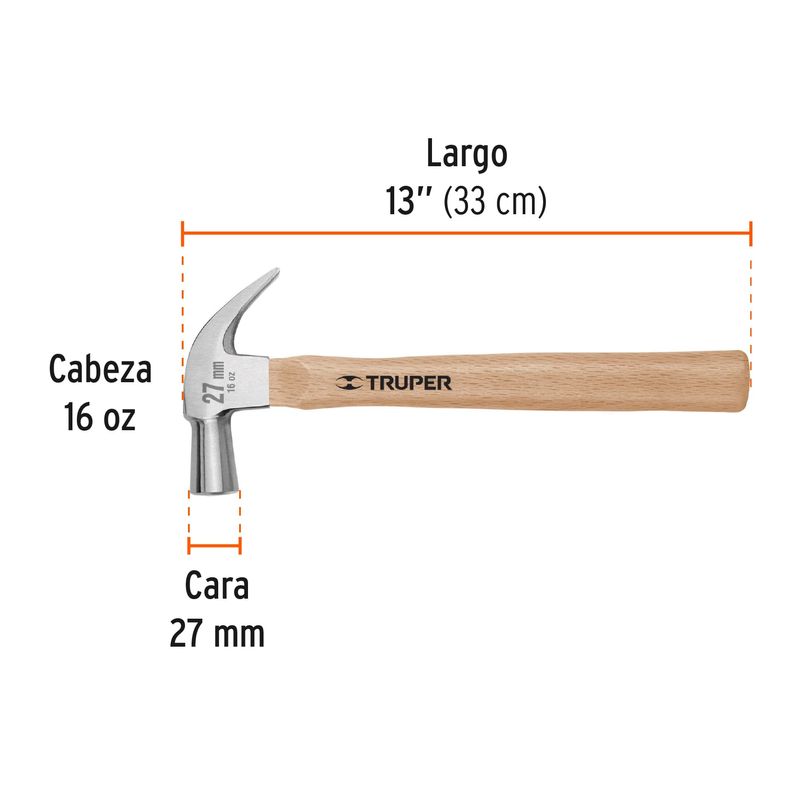 Martillo-cabeza-conica-27-mm-uña-curva-mango-madera