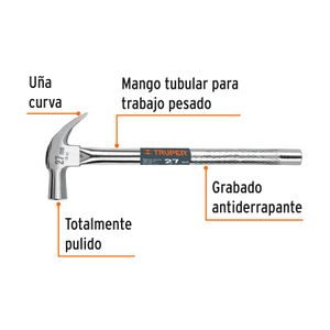 Martillo cabeza cónica 27 mm uña curva, mango tubular - TRUPER