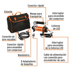 Compresor de aire 12 V portátil, para auto, incluye maletín - TRUPER