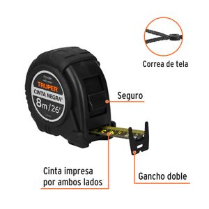 Flexómetro contra impactos Cinta Negra x-ancha 27 mm 8 m - TRUPER