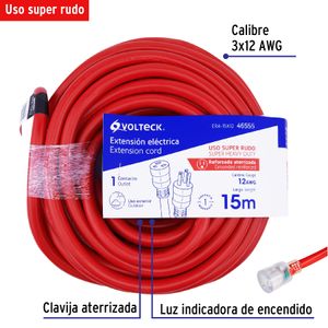 Extensión reforzada aterrizada 15 m 3x12 AWG - VOLTECK