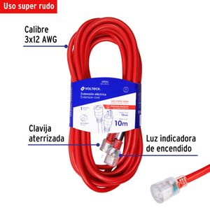 Extensión reforzada aterrizada 10 m 3x12 AWG - VOLTECK