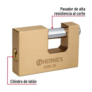 Candado antipalanca, 75mm, cuerpo de latón llave tradicional - HERMEX