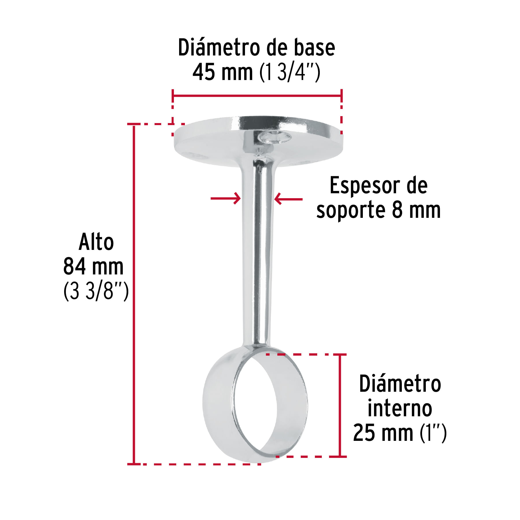 Soporte Central Cromado Para Barra De Armario De 25 Mm - Longitud Ajustable (79-108 Mm)