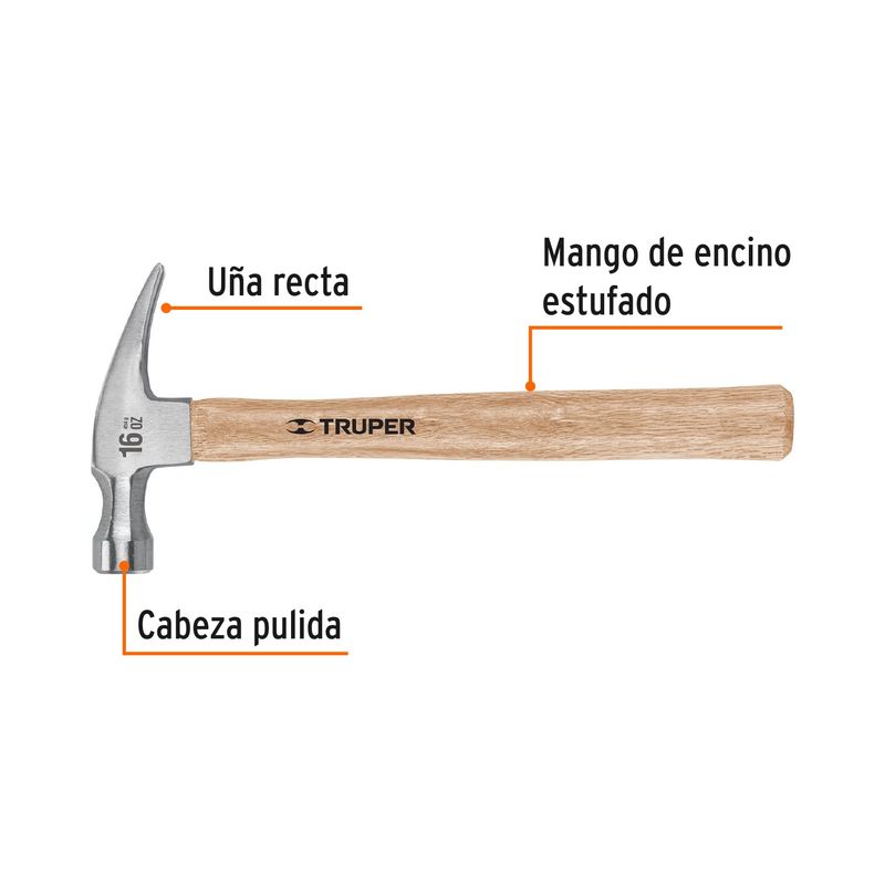 Martillo-pulido-16-oz-uña-recta-mango-madera