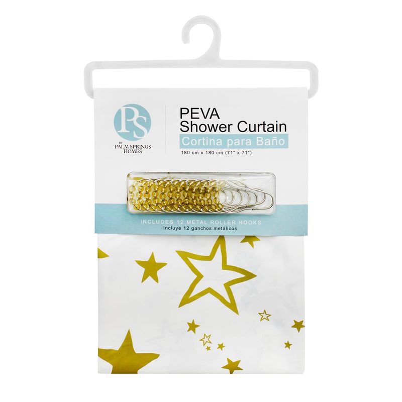 Cortina-de-baño-con-diseño-estampado-de-ESTRELLAS-DORADAS--elaborada-en-plastico-PEVA-resistente-al-moho---12-ganchos.