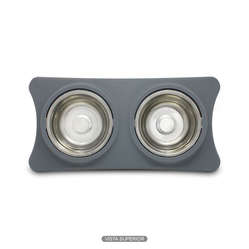 Plato-doble-para-perro-con-estructura-base-de-plastico-de-facil-traslado-y-2-platos-pequeños-de-acero-inoxidable.