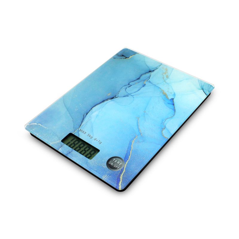 Balanza-digital-de-cocina-con-base-de-vidrio-templado-tactil--ON-OFF--con-diseño-de-MARMOL-AZUL.-Mide-en-g-lb-y-kg.