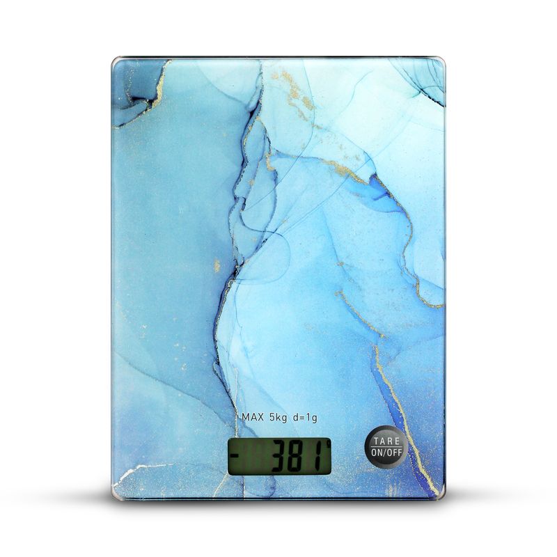 Balanza-digital-de-cocina-con-base-de-vidrio-templado-tactil--ON-OFF--con-diseño-de-MARMOL-AZUL.-Mide-en-g-lb-y-kg.