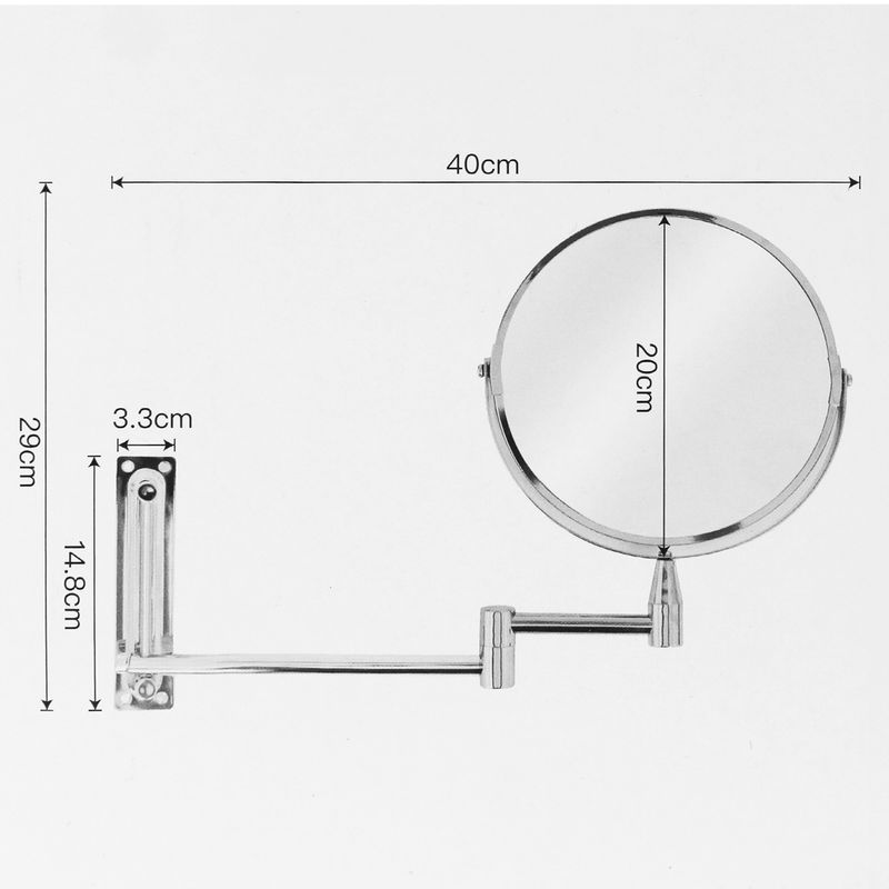 Espejo-de-baño-doble-cara-redondo-con-base-de-anclaje-a-pared-y-brazo-metalico-extensible.-Diseño-sin-bordes.