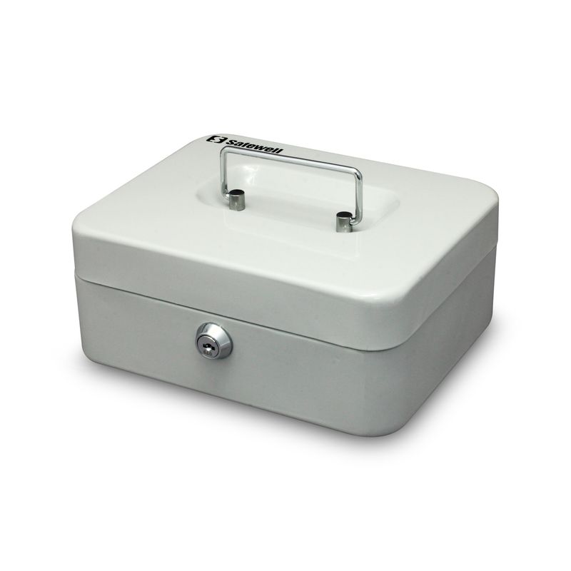 Caja-de-seguridad-de-acero-con-manija-de-facil-traslado.-Contiene-una-bandeja-para-monedas-billetes-y-documentos.