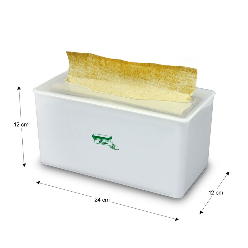 Dispensador-de-toallas-Z-de-estructura-plastica-con-resorte-interno-que-facilita-el-uso-de-toallas-de-papel-foliadas.