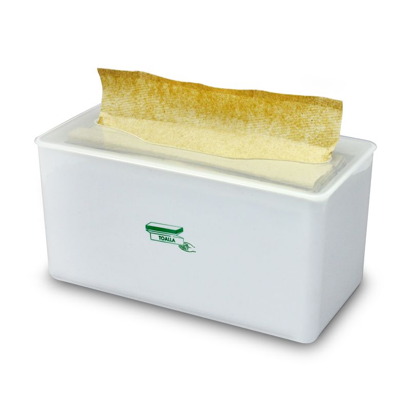 Dispensador-de-toallas-Z-de-estructura-plastica-con-resorte-interno-que-facilita-el-uso-de-toallas-de-papel-foliadas.