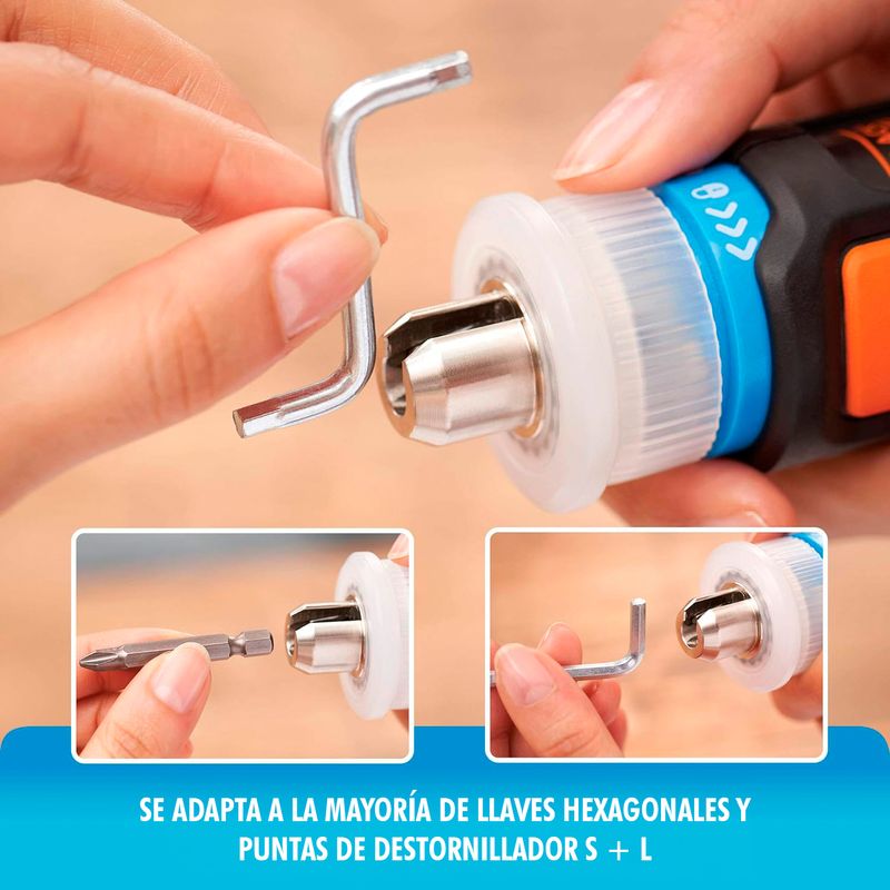 Atornillador-monta-muebles-inalambrico-con-mandril-abierto-para-llave-hexagonal-en-L-y-puntas-de-6-mm.-Recargable.