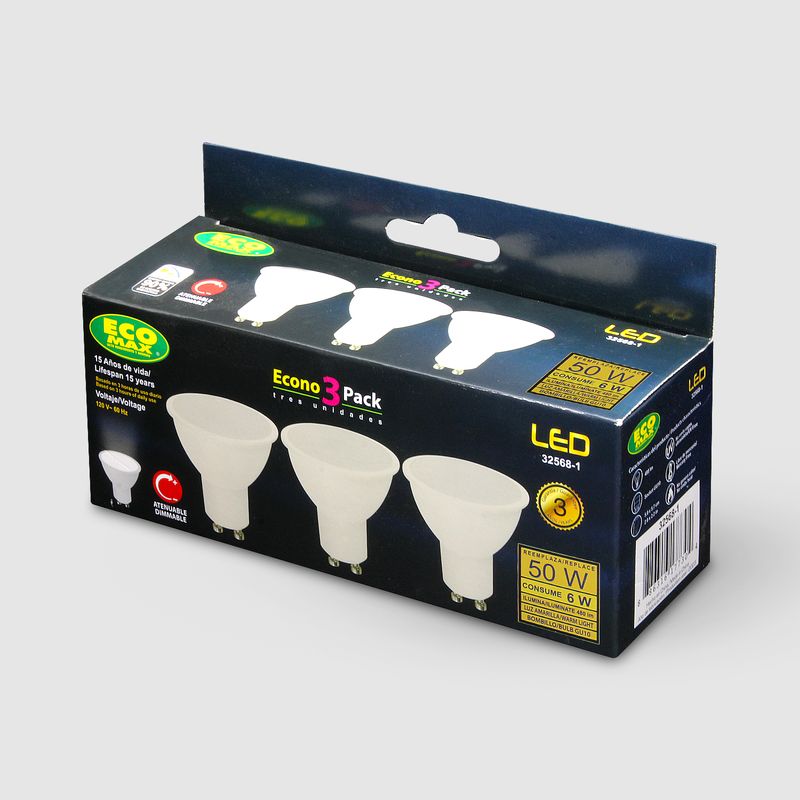 Pack-de-dicroicos-LED-con-socket-GU10.-CARACTERISTICAS--6W-Luz--amarilla-calida-Intensidad-480-lumenes.