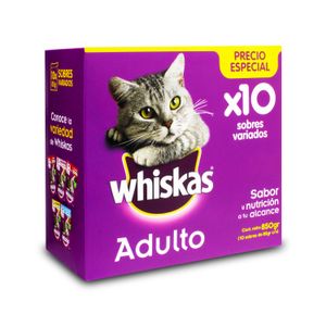 Pack de alimento húmedo para gatos de sabores: CARNE, POLLO, ATÚN Y SALMÓN. - WHISKAS