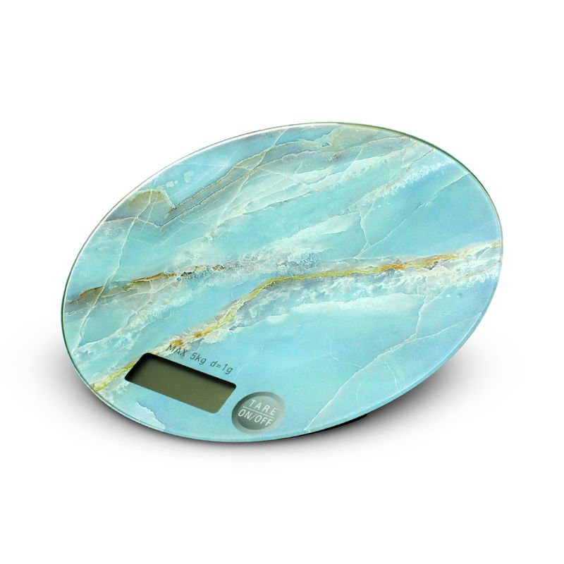 Balanza-digital-de-cocina-con-base-de-vidrio-templado-tactil--ON-OFF--con-diseño-de-MARMOL-AZUL.-Mide-en-g-lb-y-kg.