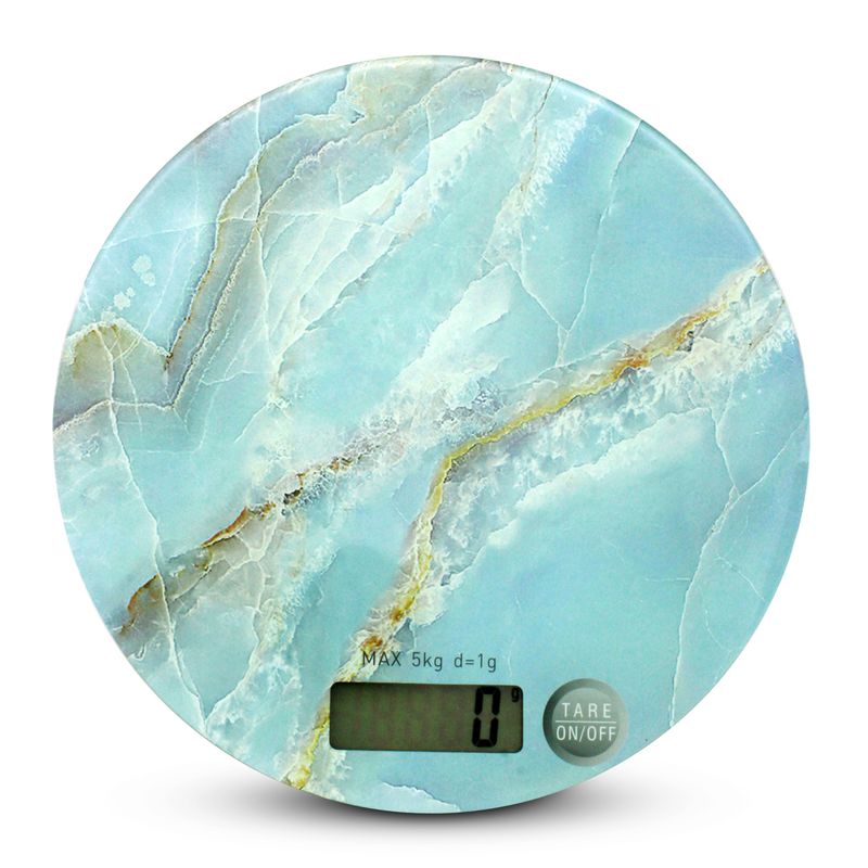 Balanza-digital-de-cocina-con-base-de-vidrio-templado-tactil--ON-OFF--con-diseño-de-MARMOL-AZUL.-Mide-en-g-lb-y-kg.