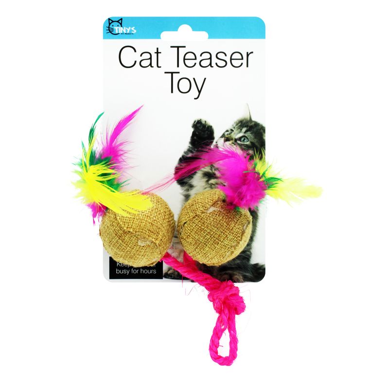 Juguete-para-gato-con-diseño-de-PELOTA-suave-de-yute-tipo-cascabel-decorado-con-plumas-de-colores.