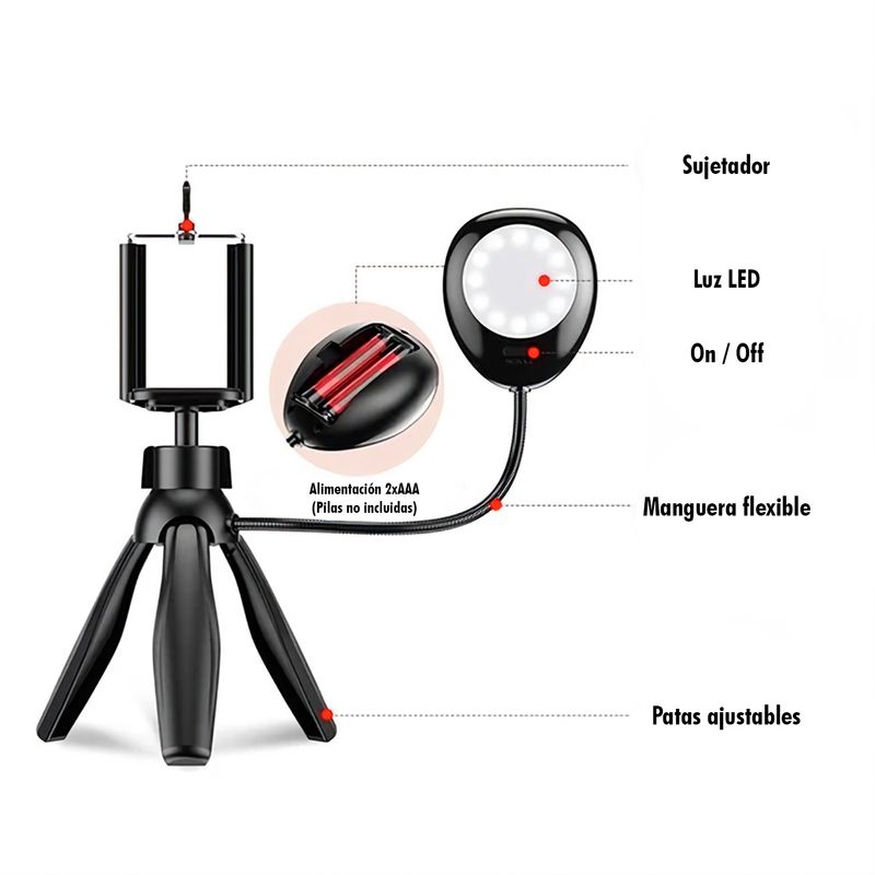 Tripode-con-luz-selfie-para-smartphone-de-hasta-5.5-pulgadas.-Incluye-una-lampara-LED-con-3-niveles-de-intensidad-de-luz.