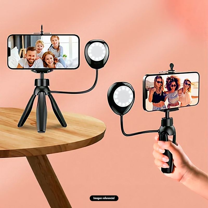 Tripode-con-luz-selfie-para-smartphone-de-hasta-5.5-pulgadas.-Incluye-una-lampara-LED-con-3-niveles-de-intensidad-de-luz.