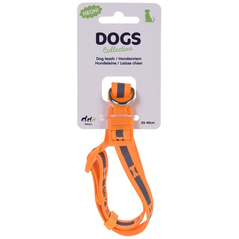 Correa-para-perro-fabricado-a-base-de-nylon-de-25-a-40-cm-con-color-neon--incluye-un-gancho-y-tiene-un-diseño-de-hueso.