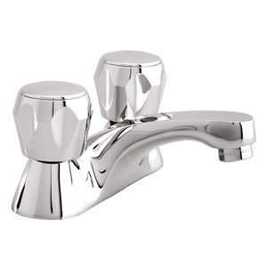 Llave mezclador Shelby centerset 4" para lavamanos con kit de latón cromado y manillas ABS. - EDESA