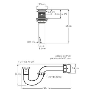 Desagüe de 1-1/4” pp con rejilla y sifón con acople para los lavamanos con rebosadero. - EDESA