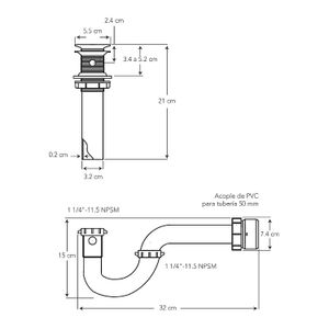 Desagüe de 1-1/4" ABS cromado con rejilla y Sifón para lavamanos con rebosadero. - BRIGGS