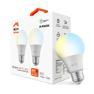 Foco LED SMART con base E27, luz blanca + luz cálida y conexión WiFi mediante app. Consumo 9W a 800 lúmens; pack x 2