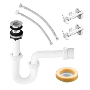 Kit de instalación para inodoro y lavabo que incluye: llaves angulares, mangueras, desagüe, sifón y anillo de cera.