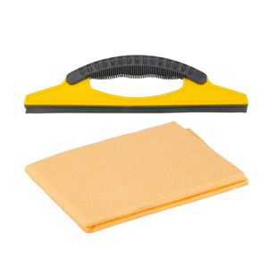 Set limpia vidrios que incluye un raspador plástico de 29 cm + un paño de microfibra de 40 x 40 cm. - SHELL