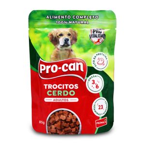 Alimento húmedo para perros 100% natural con trocitos jugosos de CERDO; 85 gr. - PRO-CAN