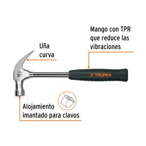 Martillo pulido 16 oz uña curva, mango tubular c/neopreno - PRETUL