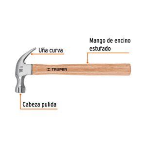 Martillo pulido 16 oz uña curva, mango madera - TRUPER