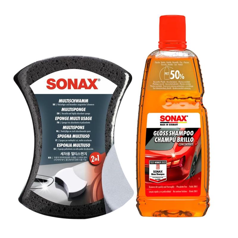 Kit-para-auto-cuidado-exteriores-contiene--un-shampoo-brillo-de-1000-ml-y-una-esponja-multiusos.