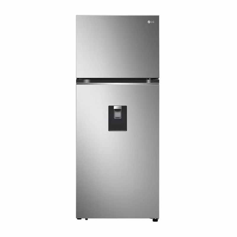 Refrigerador-plateado-top-freezer-de-375-lts-Smart-Inverter-Cooling-con-dispensador-de-agua-frontal.