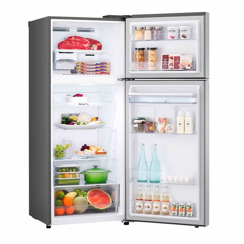 Refrigerador-plateado-top-freezer-de-375-lts-Smart-Inverter-Cooling-con-dispensador-de-agua-frontal.