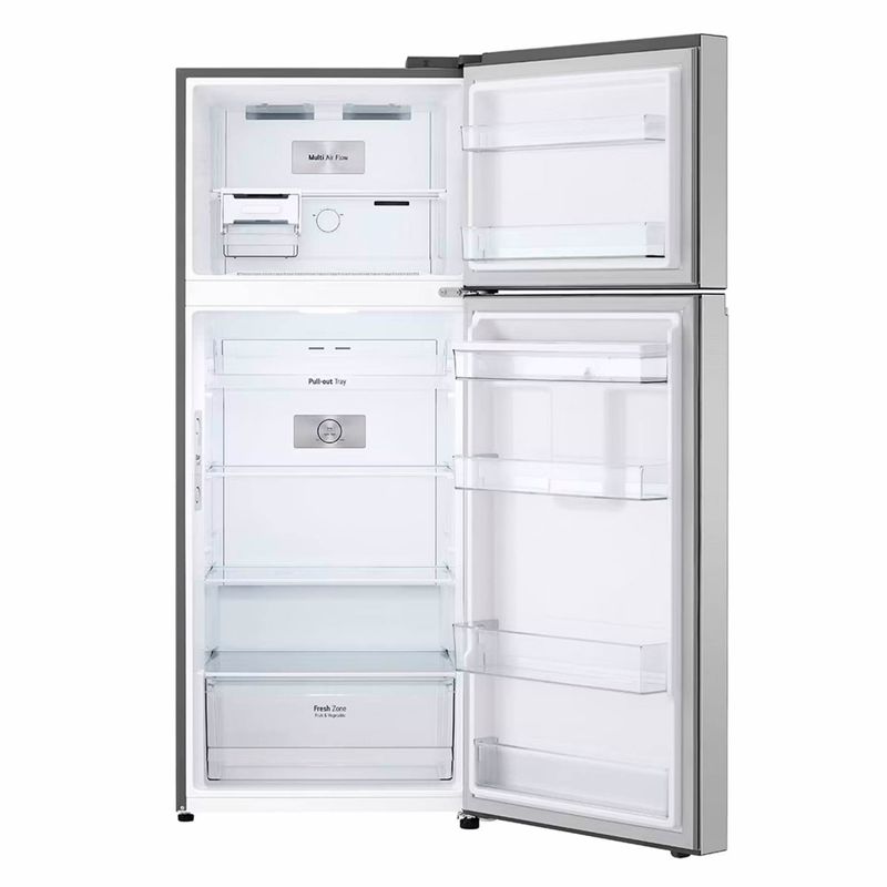 Refrigerador-plateado-top-freezer-de-375-lts-Smart-Inverter-Cooling-con-dispensador-de-agua-frontal.