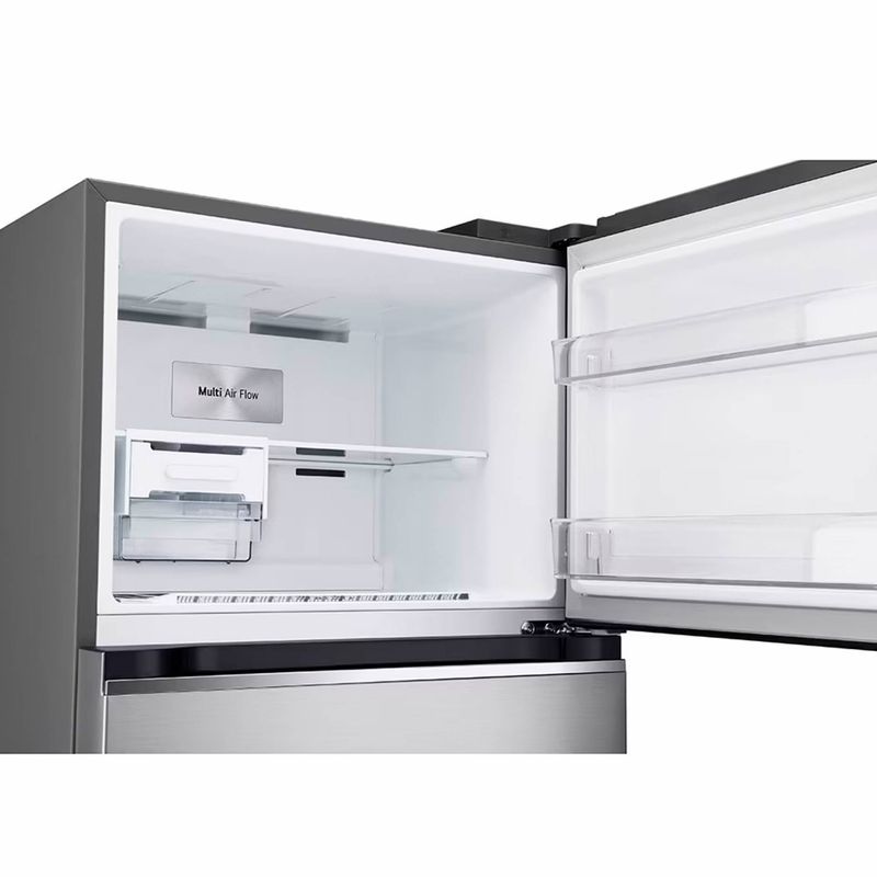 Refrigerador-plateado-top-freezer-de-375-lts-Smart-Inverter-Cooling-con-dispensador-de-agua-frontal.