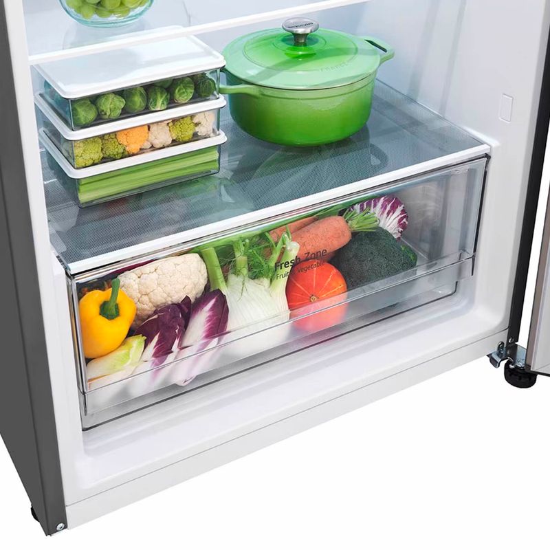 Refrigerador-plateado-top-freezer-de-375-lts-Smart-Inverter-Cooling-con-dispensador-de-agua-frontal.