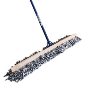 Abrillantador con mango metalico de lana con una base de madera de 80 cm y un tubo metálico recto color azul de 1,40 m. - PRODELSOL